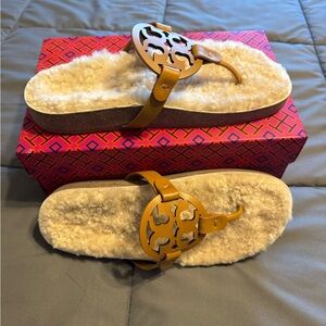 Tory Burch Brown Shearling Slide Sandals